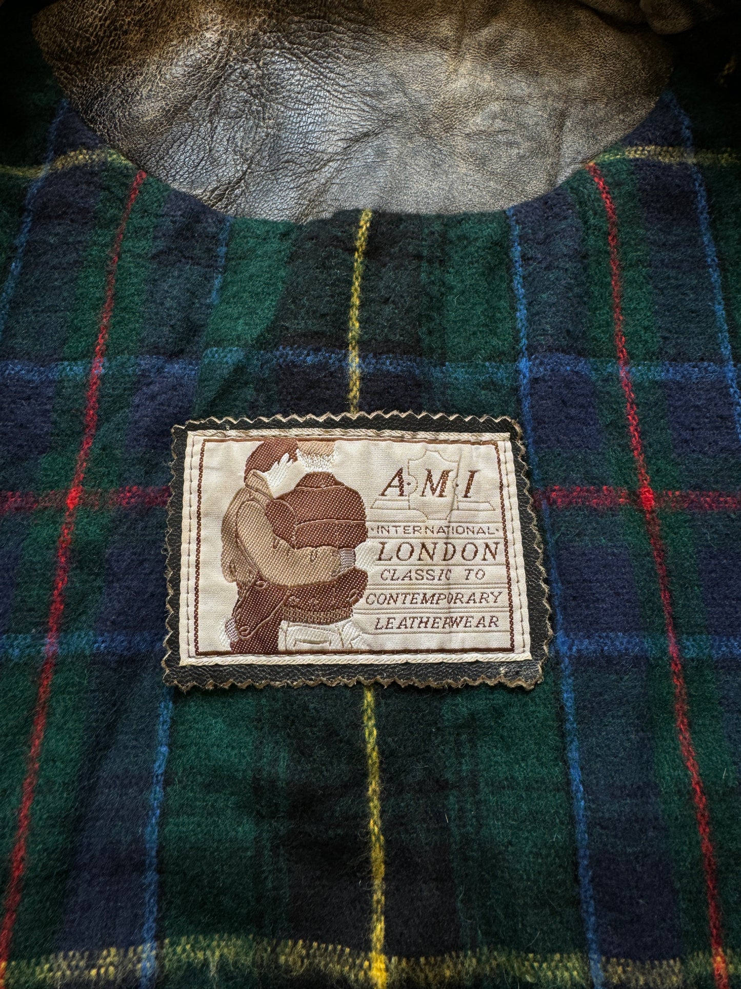 Vintage 80s AMI London Leather Biker Jacket Plaid - M/L
