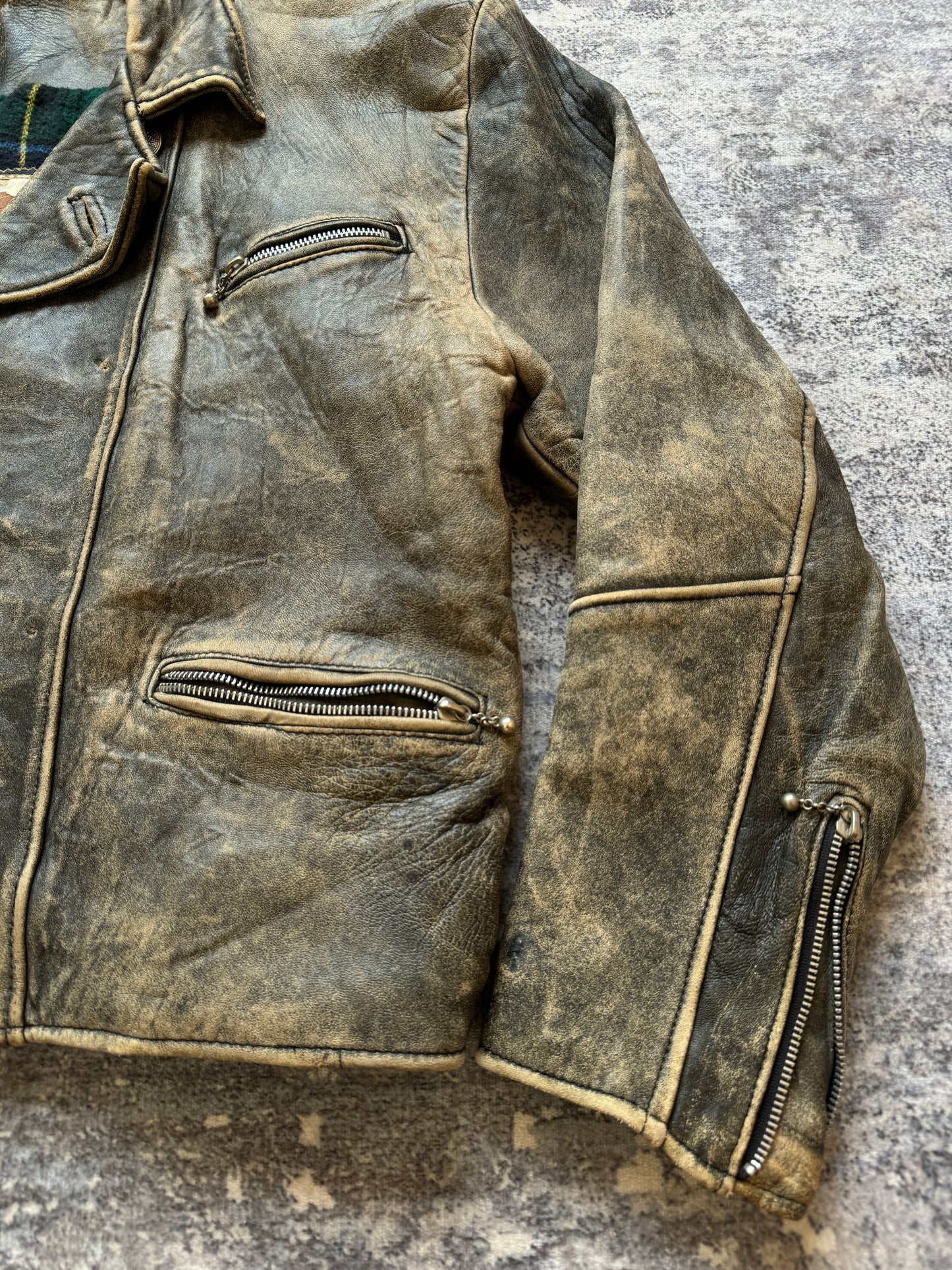 Vintage 80s AMI London Leather Biker Jacket Plaid - M/L