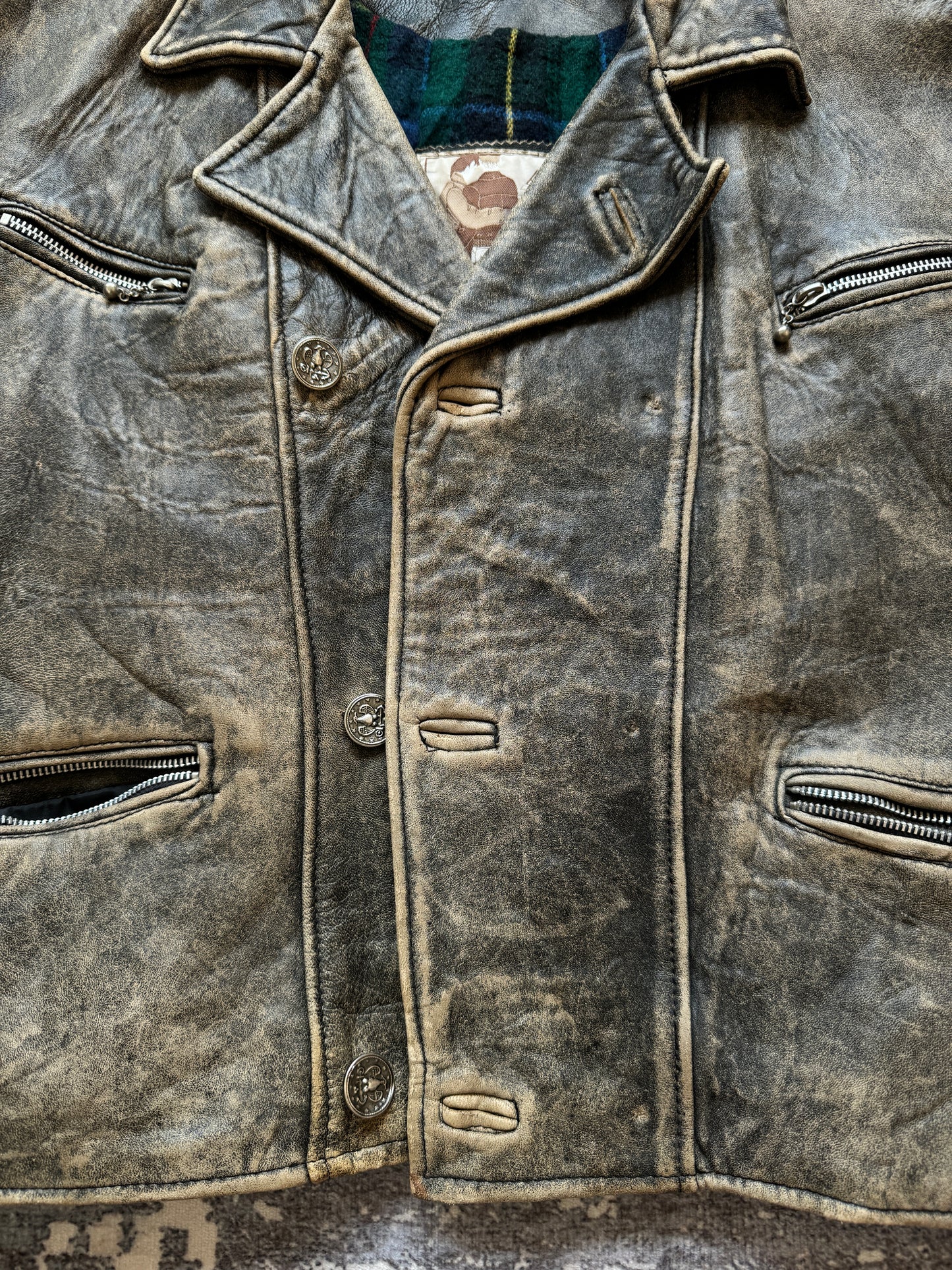 Vintage 80s AMI London Leather Biker Jacket Plaid - M/L