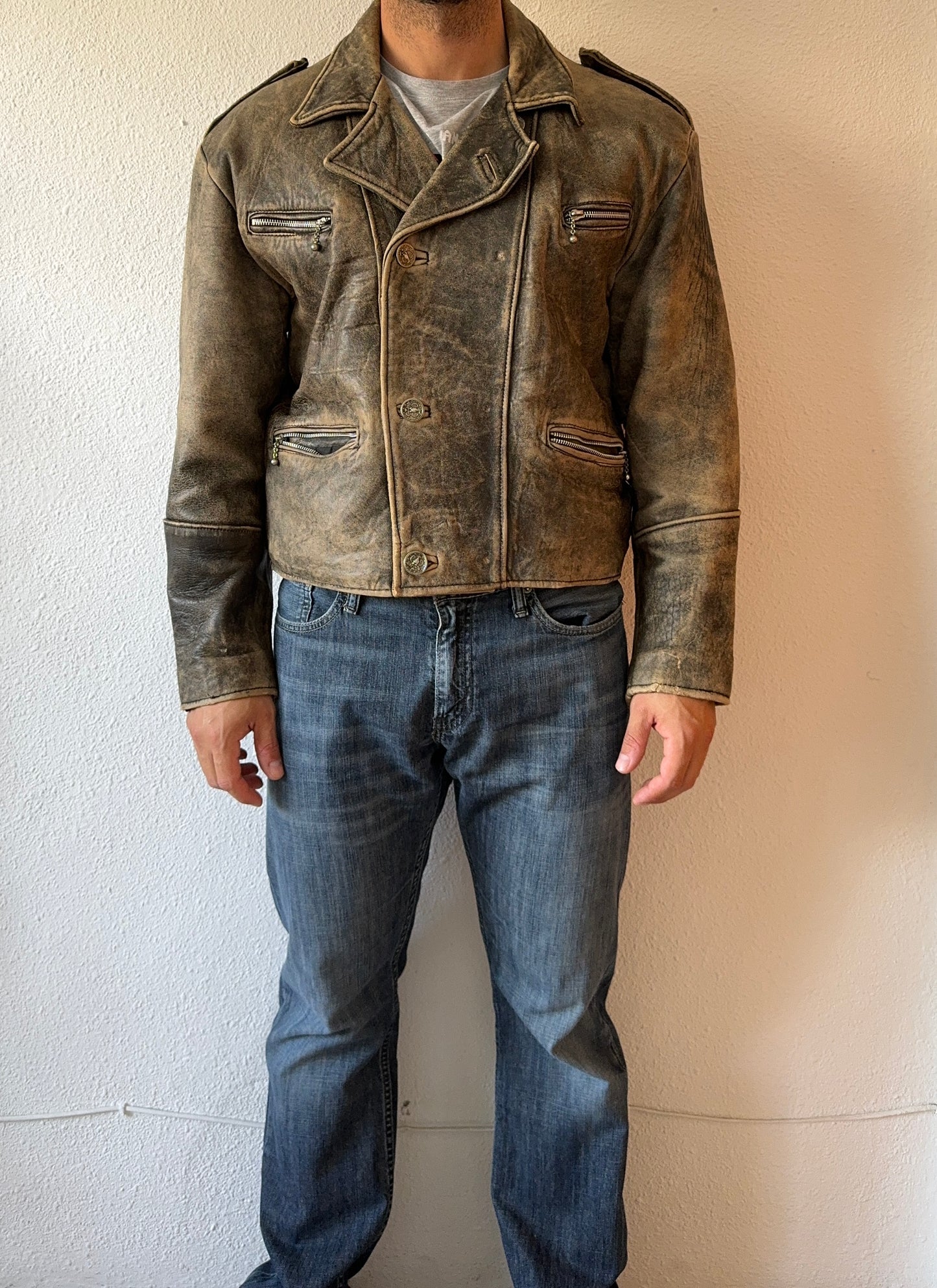 Vintage 80s AMI London Leather Biker Jacket Plaid - M/L